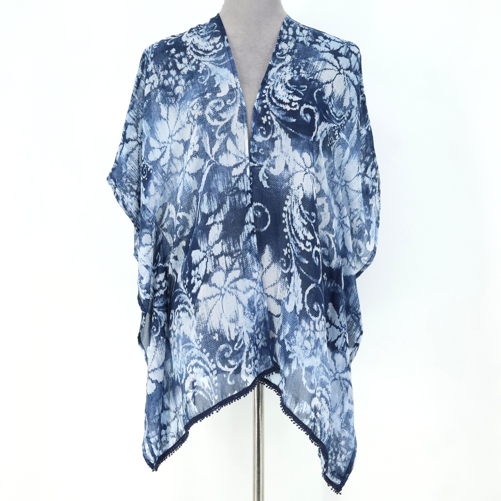 Chicos Top Womens Small Medium Blue Floral Chiffon Duster Cover Up Fringe Jacket